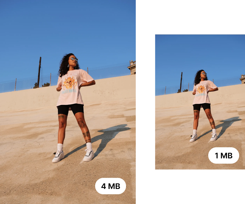 An image showing two similar photos placed side by side against a textured background. Both photos capture a person mid-motion on a sandy terrain under a clear sky. The left photo is labeled "4 MB" and the right photo is labeled "1 MB," indicating the file size of each image and resizing.