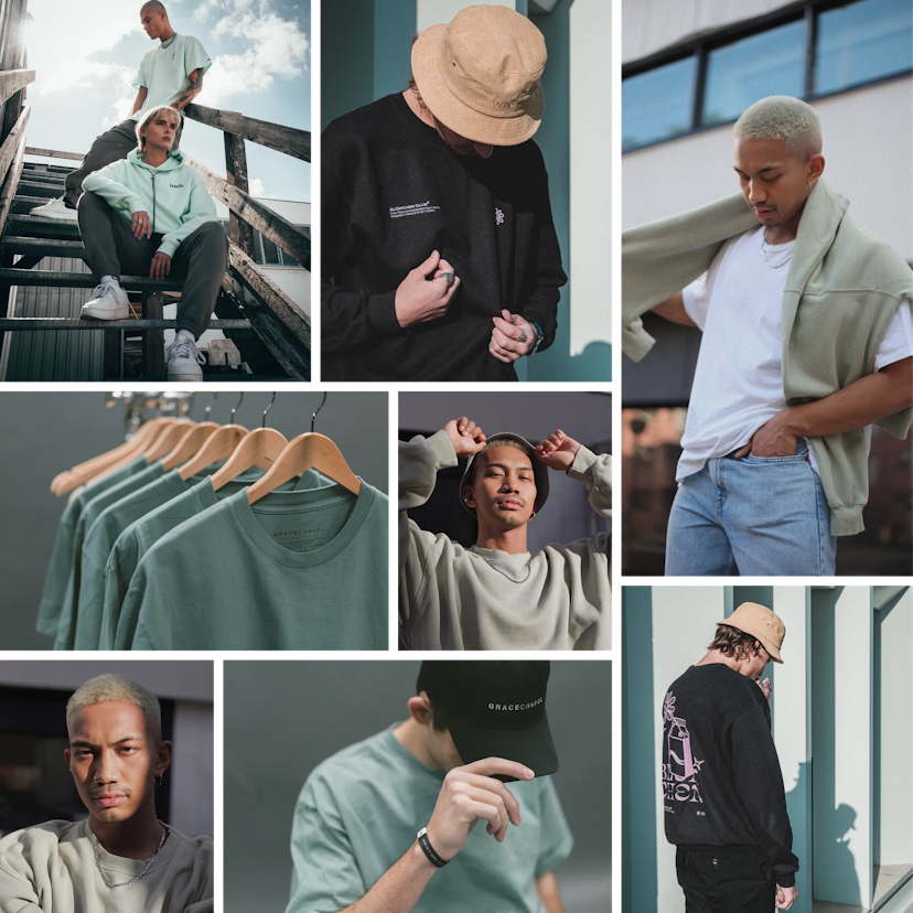 A collage of various photos that could be part of a digital asset management system. The photos feature different individuals in a range of poses and outfits, possibly from a fashion photoshoot. The collection includes close-up and full-length shots that display styling details, suitable for cataloging in a digital fashion library.