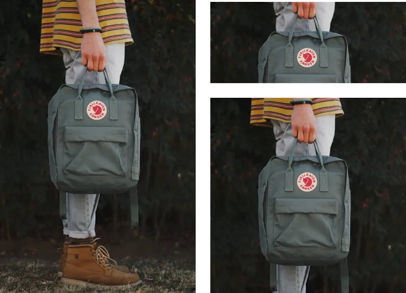 An image displaying a collage of three photos, all focusing on the lower half of a person standing outdoors. The top photo shows a partial view of a striped yellow and grey sweater, the middle photo centers on a green backpack with a red circular logo, and the bottom photo features the backpack held by a hand, with a glimpse of white pants and brown hiking boots standing on a gravel surface.